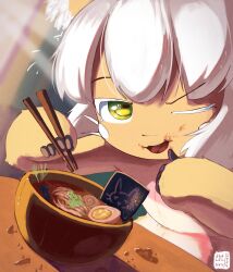  absurd_res ambiguous_gender anthro bare_chest casual_nudity chopsticks digital_media_(artwork) food food_on_mouth fur gesture hair hand_gesture hi_res looking_at_viewer made_in_abyss nanachi natural_light noodles one_eye_closed ramen skalelsky smile solo tan_body tan_fur thumbs_up white_hair wink winking_at_viewer yellow_eyes 