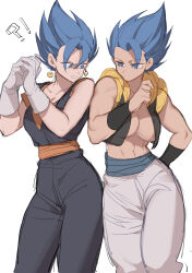  2girls absurdres blue_eyes blue_sash commentary_request dragon_ball dragon_ball_super dragon_ball_super_broly earrings fuka_(kirrier) genderswap_(mtf) gogeta highres jewelry metamoran_vest midriff multiple_girls pants potara_earrings rule_63 sash simple_background single_bang spiked_hair stomach super_saiyan super_saiyan_blue toned toned_female vegetto white_pants 