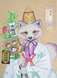  absurd_res anthro asian_clothing asian_mythology canid canine clothed clothing east_asian_clothing east_asian_mythology female fur hi_res japanese_clothing japanese_mythology japanese_text kaho_nishikawa kimono mammal mythology orange_eyes raccoon_dog simple_background solo tanuki text traditional_media_(artwork) white_body white_fur 