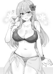  bikini blush breasts cleavage cocktail_glass commentary_request cup drinking_glass female flower flower_(symbol) greyscale hair_flower hair_ornament heart hibiscus highres holding holding_cup jewelry kantai_collection large_breasts long_hair looking_at_viewer monochrome ring rui_shi_(rayze_ray) sarong scrunchie sidelocks suzuya_(kancolle) suzuya_kai_ni_(kancolle) suzuya_kai_ni_(swimsuit_mode)_(kancolle) swimsuit wedding_ring wrist_scrunchie 