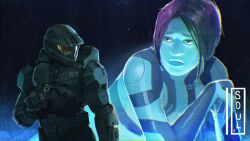  1boy absurdres armor artist_name assault_visor blue_hair blue_lips blue_skin colored_skin cortana english_commentary female frown giant giantess halo_(series) highres holding hologram looking_back looking_to_the_side master_chief parted_bangs power_armor soul_ant19 spartan_(halo) 