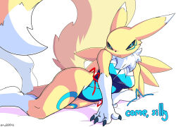  absurd_res ando anthro bandai_namco blue_clothing blue_eyes blue_leotard blue_markings canid canine clothing dialogue digimon digimon_(species) dipstick_tail female fluffy fluffy_tail fur hi_res leotard long_tail looking_at_viewer mammal markings multicolored_body multicolored_fur renamon seductive solo solo_focus tail tail_markings talking_to_viewer two_tone_body two_tone_fur white_body white_fur yellow_body yellow_fur 