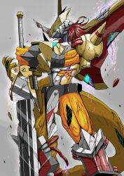  anthro armor bandai_namco battle_damage digimon digimon_(species) hair headgear helmet hi_res male melee_weapon muscular muscular_anthro muscular_male red_hair solo sutunununu sword victorygreymon weapon wounded 