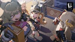  4girls :d black_gloves blonde_hair breasts burnice_white caesar_king_(zenless_zone_zero) chair cleavage gloves grey_hair hair_bun hair_intakes helmet highres holding large_breasts luciana_de_montefio multiple_girls official_art open_mouth orange_eyes piper_wheel side_ponytail smile standing sunglasses table zenless_zone_zero 