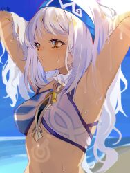  absurdres armpits arms_up beach blue_hairband breasts commentary crop_top female genshin_impact hairband highres long_hair medium_breasts midriff mualani_(genshin_impact) navel orange_eyes revision solo stomach upper_body wafuu_tsunamayo white_hair 