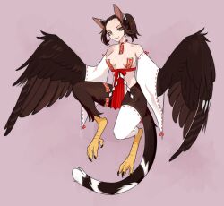  absurdres animal_ears bird_legs blue_eyes breasts brown_feathers brown_hair brown_wings cat_ears cat_girl cat_tail clothing_request detached_sleeves ev_v1l feathered_wings feathers female full_body hair_intakes harpy highres long_hair looking_at_viewer medium_breasts monster_girl original pink_background ponytail simple_background single_thighhigh solo tail talons thighhighs white_thighhighs wide_sleeves winged_arms wings 