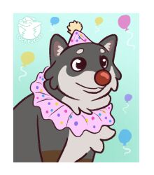  canid canine canis clothing clown clown_costume disney domestic_dog goofy_(disney) hat headgear headwear hi_res luckfoxo33 mammal meme red_nose ruffled_collar shiba_inu silly spitz ych 