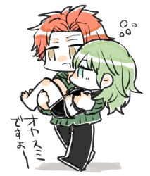  1boy bachi_(bachoo) black_shirt black_shorts blue_eyes brown_eyes byleth_(female)_(fire_emblem) byleth_(fire_emblem) carrying chibi chibi_only eyelashes female fire_emblem fire_emblem:_three_houses green_hair midriff open_mouth orange_hair princess_carry shirt short_hair shorts squeans straight sylvain_jose_gautier translation_request walking white_background 