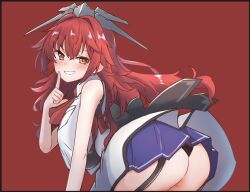  702_(naotsu) ass back_bow black_bow black_panties blue_skirt bow bowtie cowboy_shot female finger_to_mouth garter_straps grin headgear highres jacket kantai_collection leaning_forward long_hair looking_at_viewer military_uniform neckerchief panties phoenix_(kancolle) red_bow red_bowtie red_eyes red_hair red_neckerchief skirt sleeveless sleeveless_jacket smile solo underwear wavy_hair white_jacket white_overskirt 