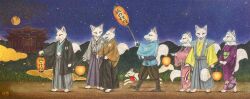  absurd_res anthro asian_clothing asian_mythology canid canine clothing east_asian_clothing east_asian_mythology female feral fox fur group hi_res japanese_clothing japanese_mythology kaho_nishikawa kimono male mammal mythology night outside red_fox traditional_media_(artwork) true_fox white_body white_fur 