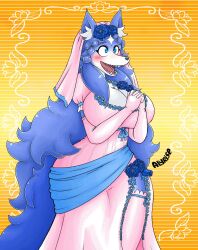  abstract_background accessory alyrise anthro big_breasts blue_body blue_eyes blue_fur blue_hair blue_rose blush border braided_hair breasts canid canine canis cleavage clothed clothing dress european_mythology female fenrir_(mythology) flower flower_in_hair fur hair hair_accessory hands_together happy hi_res legwear long_hair mammal multicolored_body multicolored_fur mythology norse_mythology open_mouth open_smile plant rose_(flower) sharp_teeth slit_dress smile snout solo stockings teeth thigh_highs two_tone_body two_tone_fur wedding_dress wedding_veil white_body white_fur wide_hips wolf 