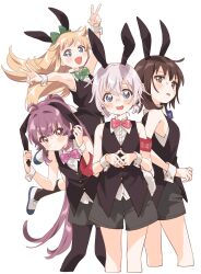  4girls ahoge animal_ears arm_up armband armpits black_hair black_pantyhose black_shorts black_socks black_vest blonde_hair blue_bow blue_bowtie blue_eyes blush bow bowtie breasts brown_eyes buttons closed_mouth collared_shirt commentary cropped_legs double_v fake_animal_ears fake_tail from_behind funami_yui glasses green_bow green_bowtie grey_hair hair_between_eyes hair_intakes hair_ornament hairbow hands_up highres holding_ears ikeda_chitose jumping leg_up long_hair looking_at_viewer low_twintails medium_breasts multiple_girls namori nontraditional_playboy_bunny open_mouth own_hands_clasped own_hands_together pantyhose pink_bow pink_bowtie ponytail purple_bow purple_bowtie purple_eyes purple_hair rabbit_ears rabbit_hair_ornament rabbit_tail raised_eyebrows red_armband shirt shoes short_hair shorts simple_background sleeveless sleeveless_shirt smile socks standing straight-on sugiura_ayano sweatdrop tail toshinou_kyouko twintails uwabaki v v-shaped_eyebrows very_long_hair vest white_background white_shirt white_wrist_cuffs wrist_cuffs yuru_yuri 