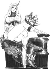  abyssal_ship ass braid breasts claws covered_nipples crossed_legs detached_sleeves dress female greyscale highres huge_claws kantai_collection large_breasts long_hair microdress monochrome nnsee_d seaport_princess single_braid sitting solo wide_sleeves 