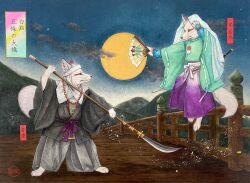  absurd_res anthro asian_clothing asian_mythology canid canine clothing duo east_asian_clothing east_asian_mythology female fox fur hi_res japanese_clothing japanese_mythology japanese_text kaho_nishikawa kimono male male/female mammal mythology red_fox text traditional_media_(artwork) true_fox white_body white_fur 