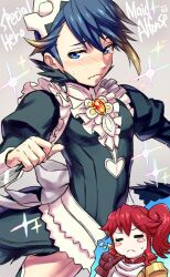  1boy alfonse_(fire_emblem) anna_(fire_emblem) black_dress blonde_hair blue_eyes blue_hair cosplay crossdressing dark_blue_hair dress female fire_emblem fire_emblem_heroes gradient_hair maid_(fire_emblem) maid_(fire_emblem)_(cosplay) multicolored_hair nijuu red_hair 