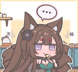  ... amagi_(cv)_(azur_lane) amagi_(cv)_(throne_of_fallen_petals)_(azur_lane) animal_ears azur_lane bare_shoulders black_flower breasts brown_hair chibi chibi_only chopsticks commentary_request dress eating female flower fox_ears fox_girl fox_tail futaba_(anti_clockwise) green_dress hair_ornament holding holding_chopsticks indoors kitsune kyuubi large_breasts long_hair looking_at_viewer multiple_tails official_alternate_costume purple_eyes speech_bubble tail 