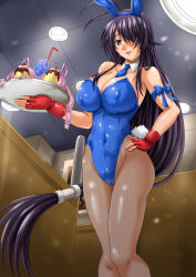  absurdres animal_ears black_hair blue_eyes blue_leotard blue_necktie bra breasts cameltoe cleavage commentary_request commission covered_navel covered_nipples detached_collar drink feet_out_of_frame female fingerless_gloves food from_below gloves hand_on_own_hip highres ikkitousen kan&#039;u_unchou large_breasts leotard long_hair low-tied_long_hair mma_gloves nao_takami necktie pantyhose playboy_bunny pudding rabbit_ears rabbit_tail red_gloves skeb_commission solo standing strap_slip tail underwear unworn_bra very_long_hair 