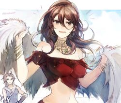  2girls :d artist_name bare_shoulders bracelet breasts brown_eyes brown_hair dancer earrings fur_shawl h&#039;aanit_(octopath_traveler) hair_between_eyes highres holding_shawl hoop_earrings jewelry large_breasts leaf_(esabacoo) letterboxed long_hair looking_at_viewer multiple_bracelets multiple_girls navel notice_lines octopath_traveler octopath_traveler_i primrose_azelhart shawl smile teeth twitter_username upper_teeth_only 