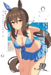  admire_vega_(umamusume) animal_ears beach bent_over bikini breasts brown_hair cleavage closed_mouth collarbone female hair_ornament highres horse_ears horse_girl john_does long_hair looking_at_viewer medium_breasts navel ocean purple_eyes solo swimsuit translation_request twitter_username umamusume water white_background 