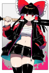  :/ alternate_costume baseball_bat black_hair black_jacket black_skirt black_thighhighs blunt_bangs blunt_ends bollzzalguy bomber_jacket border bow chest_sarashi closed_mouth collarbone cowboy_shot dutch_angle female frilled_hair_tubes frills gradient_background grey_background groin hair_tubes hairbow hakurei_reimu half_updo hand_in_pocket hand_up hashtag-only_commentary highres holding holding_baseball_bat jacket long_hair lowleg lowleg_skirt miniskirt navel red_bow red_eyes sarashi sidelocks skindentation skirt solo standing thighhighs touhou two-sided_fabric two-sided_jacket unzipped white_border 