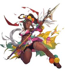  bead_bracelet beads bracelet breasts brown_eyes brown_hair clenched_teeth damaged dark-skinned_female dark_skin eyeshadow female fire_emblem fire_emblem_engage fire_emblem_heroes frilled_skirt frills highres jewelry makeup medium_breasts micro_shorts microskirt navel non-web_source one_eye_closed ponytail purple_eyeshadow sandals shorts skirt solo star-shaped_pupils star_(symbol) symbol-shaped_pupils teeth timerra_(fire_emblem) torn_clothes v-shaped_eyebrows 