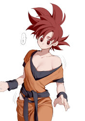  absurdres commentary_request dougi dragon_ball dragon_ball_z fuka_(kirrier) genderswap_(mtf) highres loose_clothes pants red_eyes red_hair rule_63 simple_background solo son_goku spiked_hair super_saiyan super_saiyan_god wristband 