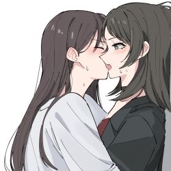  2girls bang_dream! bang_dream!_it&#039;s_mygo!!!!! black_choker black_hair black_jacket blue_eyes blush brown_hair choker closed_eyes commentary_request french_kiss highres jacket kissing long_hair medium_hair multiple_girls nanami_(nunnun_0410) open_mouth red_shirt shiina_taki shirt simple_background sweat white_background white_jacket yahata_umiri yuri 