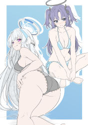  2girls absurdres armpit_crease ass bare_arms bare_legs bare_shoulders barefoot bikini black_bow black_bra black_halo black_panties blue_archive blue_background blue_bikini blue_eyes blue_hair blush border bow bra breasts cleavage closed_mouth collarbone commentary crossed_legs from_below hairbow halo headgear highres indian_style kneepits large_breasts long_hair looking_at_viewer looking_back multiple_girls noa_(blue_archive) panties purple_eyes simple_background sitting smile swimsuit symbol-only_commentary t1kosewad thighs toes underwear underwear_only white_border white_hair white_halo yuuka_(blue_archive) 