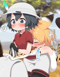  2girls animal_ears backpack bag black_hair black_pantyhose blonde_hair blush bow bowtie closed_eyes elbow_gloves extra_ears glomp gloves hat hat_feather helmet high-waist_skirt highres hug hug_from_behind kaban_(kemono_friends) kemono_friends multiple_girls pantyhose pith_helmet print_bow print_bowtie print_gloves ransusan red_shirt serval_(kemono_friends) serval_print shirt short_hair shorts skirt sleeveless sleeveless_shirt smelling smelling_clothes smile striped_tail surprised tackle tail yuri 