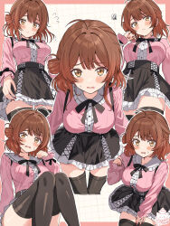  absurdres ahoge alternate_costume black_ribbon black_skirt black_thighhighs blush border breasts brown_hair center_frills commentary_request cross-laced_clothes cross-laced_skirt female flying_sweatdrops frills gakuen_idolmaster gradient_hair grid_background hair_bun hanami_ume highres hiyoko_neneko idolmaster jirai_kei long_sleeves looking_at_viewer medium_breasts multicolored_hair multiple_views neck_ribbon orange_hair outline pink_border pink_shirt ribbon shirt shirt_tucked_in single_side_bun skirt squiggle sweatdrop thighhighs white_outline 