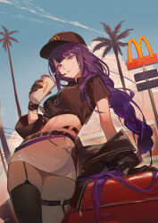  belt black_belt black_garter_straps black_gloves black_hat black_jacket black_shirt black_thighhighs blue_sky breasts clothes_down collared_shirt commentary contemporary cowboy_shot crop_top cup day disposable_cup english_commentary female garter_straps genshin_impact gloves hat headset highres holding holding_cup jacket jewelry large_breasts leaning_to_the_side long_hair looking_at_viewer low-braided_long_hair low-tied_long_hair mcdonald&#039;s midriff mole mole_under_eye necklace o0oherb outdoors parted_lips purple_eyes purple_hair raiden_shogun shirt sidelocks single_garter_strap single_thighhigh skirt sky solo standing thigh_belt thigh_strap thighhighs thighs very_long_hair white_skirt 