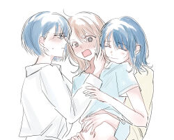  3girls @_@ blue_eyes blue_hair blue_nails blue_shirt blush clone closed_eyes closed_mouth clothes_lift collared_shirt commentary_request girl_sandwich grey_eyes hanasato_minori hand_in_another&#039;s_hair hand_on_another&#039;s_stomach head_on_another&#039;s_shoulder highres holding_another&#039;s_wrist hug hug_from_behind kiritani_haruka korean_commentary long_hair midriff multiple_girls navel open_mouth orange_hair project_sekai saama1004 sandwiched shirt shirt_lift short_sleeves simple_background smile sweat sweatdrop white_background white_shirt yellow_shirt yuri 