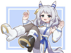  :d animal_ears arms_up blue_background blue_bow blue_trim blush boots border bow commentary_request detached_sleeves female fugakutkt green_eyes grey_hair high_heel_boots high_heels highres hishi_miracle_(umamusume) horse_ears horse_girl medium_hair open_mouth outside_border pantyhose smile solo umamusume white_border 