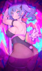  absurdres animal_ears bare_shoulders black_leotard blue_eyes blue_hair blush bow bowtie breasts detached_collar fake_animal_ears female hair_ornament hatsune_miku heart highres leotard long_hair looking_at_viewer nishitin pantyhose playboy_bunny rabbit_ears rabbit_hole_(vocaloid) ribbon smile solo twintails vocaloid x_hair_ornament 