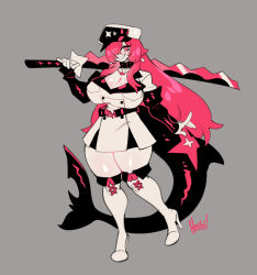  animal_humanoid anthro arm_warmers armwear black_body black_scales boots breasts cleavage clothed clothing collar dress female fin fish fish_humanoid footwear grey_background hair half-closed_eyes hi_res high_heeled_boots high_heels humanoid katana legwear marine marine_humanoid melee_weapon military_hat narrowed_eyes nedoiko pink_body pink_hair pink_scales scales shark_humanoid sharp_teeth shoes simple_background studded_collar studs sword tail tail_fin teeth thigh_boots thigh_highs weapon white_body white_skin 