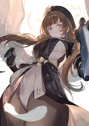  beret black_bodysuit black_gloves blue_eyes blush bodysuit book breasts bright_pupils brown_hair closed_mouth commentary_request falling_feathers feathered_wings feathers female gloves granblue_fantasy hat highres holding holding_book large_breasts leotard long_hair looking_at_viewer low_twintails nao_(syn_eaa) pantyhose raziel_(granblue_fantasy) showgirl_skirt solo thighs twintails upper_body white_leotard white_pupils white_wings wings 