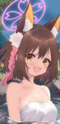  :d animal_ear_fluff animal_ears bare_shoulders bathing blue_archive breasts brown_hair dated extra_ears female fox_ears fox_girl halo highres izuna_(blue_archive) looking_at_viewer medium_breasts oerba_yun_fang onsen open_mouth outdoors partially_submerged s_sequentia short_hair smile towel towel_around_breasts upper_body water yellow_eyes 