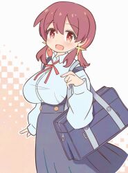  :d bag black_skirt breasts brown_hair commentary dot_nose dress_shirt female hair_between_eyes large_breasts light_blush long_sleeves looking_at_viewer low_twintails multicolored_hair murosaki_miyo neck_ribbon onii-chan_wa_oshimai! open_mouth pon_sugar red_eyes red_hair red_ribbon ribbon school_bag school_uniform shirt simple_background skirt smile solo suspender_skirt suspenders twintails two-tone_hair white_shirt wing_collar 