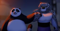  absurd_res amuriart anthro bear belly clothed clothing dreamworks duo felid fur giant_panda hand_holding hi_res kung_fu_panda male male/male mammal markings master_po_ping overweight pantherine snow_leopard spots spotted_body spotted_fur tai_lung_(kung_fu_panda) topless topless_anthro 