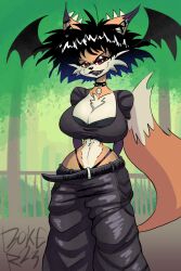  alternative_fashion anthro artist_name bat-eared_fox bat_wings belt big_breasts black_hair boker bottomwear bra breasts canid canine cleavage clothed clothing collar crop_top digital_media_(artwork) eyeshadow female fox fur goth grin hair head_wings hi_res highleg_panties laura_derose lipstick looking_at_viewer makeup mammal membrane_(anatomy) membranous_wings midriff orange_body orange_fur oversized_bottomwear oversized_clothing oversized_pants pants purple_eyeshadow purple_lipstick red_eyes sharp_teeth shirt small_waist smile solo spiked_collar spikes teeth topwear underwear unusual_wing_placement wings 