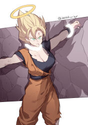  absurdres artist_name blonde_hair blood blood_on_face blue_wristband breasts commentary_request dougi dragon_ball dragon_ball_z fuka_(kirrier) genderswap_(mtf) halo highres pants restrained rule_63 shirt son_goku spiked_hair super_saiyan super_saiyan_2 torn_clothes torn_pants torn_shirt 