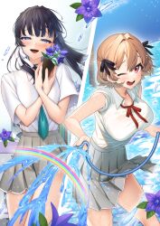  2girls absurdres aqua_necktie black_hair black_ribbon blue_eyes breasts flower giuniu grey_skirt hair_ribbon highres holding holding_hose hose large_breasts long_hair multiple_girls necktie one_eye_closed otoko_girai_na_bijin_shimai_wo_namae_mo_tsugezu_ni_tasuketara_ittai_dounaru? pleated_skirt purple_flower rainbow red_eyes ribbon school_uniform second-party_source shinjou_aina_(otomai) shinjou_arisa_(otomai) shirt short_hair skirt sleeves_rolled_up water wet wet_clothes wet_shirt white_ribbon white_shirt 