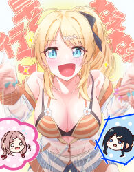  3girls absurdres ahoge bikini black_hair blonde_hair blue_eyes breasts brown_hair cleavage collarbone hachimiya_meguru hair_ornament hairclip highres idolmaster idolmaster_shiny_colors jacket kazano_hiori large_breasts long_hair looking_at_viewer manjukannon mole mole_under_mouth multiple_girls navel open_mouth orange_bikini ponytail sakuragi_mano see-through see-through_jacket smile striped_bikini striped_clothes swimsuit 