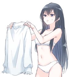  :&lt; black_hair blue_eyes bra breasts cleavage closed_mouth copyright_request female frilled_shirt_collar frilled_sleeves frills hair_between_eyes holding holding_shirt holding_unworn_clothes long_hair medium_breasts mizuki_riko navel panties shirt simple_background small_sweatdrop solo sweat underwear underwear_only unworn_shirt v-shaped_eyebrows very_long_hair white_background white_bra white_panties 