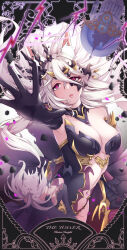  absurdres altheavin animal_ear_fluff animal_ears black_leotard breasts cleavage clothing_cutout elbow_gloves female fox_ears fox_girl gloves hair_between_eyes highres leotard long_hair multiple_views navel_cutout princess_connect! reaching red_eyes senri_mana_(princess_connect!) solo tarot the_tower_(tarot) thighhighs very_long_hair white_hair 