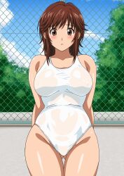  absurdres amagami ass_visible_through_thighs blue_sky breasts brown_eyes brown_hair chain-link_fence cloud commentary_request cowboy_shot fence highres large_breasts one-piece_swimsuit parted_bangs sakurai_rihoko see-through_one-piece_swimsuit short_hair sky swimsuit thigh_gap wet wet_clothes wet_swimsuit white_one-piece_swimsuit yuuyuu_(3jjbn) 