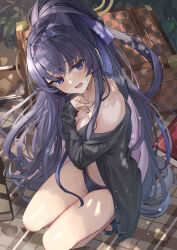  bare_shoulders between_breasts bikini black_bikini black_jacket blue_archive blush breasts brown_halo dappled_sunlight female hairband halo head_tilt highres jacket long_hair looking_at_viewer official_alternate_costume official_alternate_hairstyle open_mouth ponytail purple_eyes purple_hair purple_hairband solo squatting suidou_chaahan sunlight swimsuit ui_(blue_archive) ui_(swimsuit)_(blue_archive) very_long_hair 