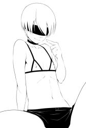  1boy blindfold clothing crossdressing femboy khexxi male male_focus male_only monochrome nier nier:_automata short_hair sissy trap white_background white_hair yorha_9s 