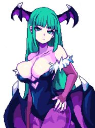  black_leotard blunt_bangs breasts cleavage darkstalkers female green_eyes green_hair head_wings highres leotard long_hair looking_at_viewer morrigan_aensland pixel_art pixelcadete simple_background solo strapless strapless_leotard white_background wings 