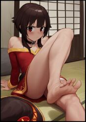  architecture asymmetrical_legwear bandaged_leg bandages barefoot belt black_choker black_hair blush brown_hair button_eyes buttons choker collarbone dress east_asian_architecture feet female hat highres kono_subarashii_sekai_ni_shukufuku_wo! looking_at_viewer megumin mismatched_legwear off-shoulder_dress off_shoulder red_dress red_eyes short_hair short_hair_with_long_locks shouji sitting sliding_doors solo tatami thighs timruya upskirt witch_hat 